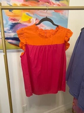 Colorblock‎ Ruffle Sleeve Blouse - Orange & Pink Large summer cool thin